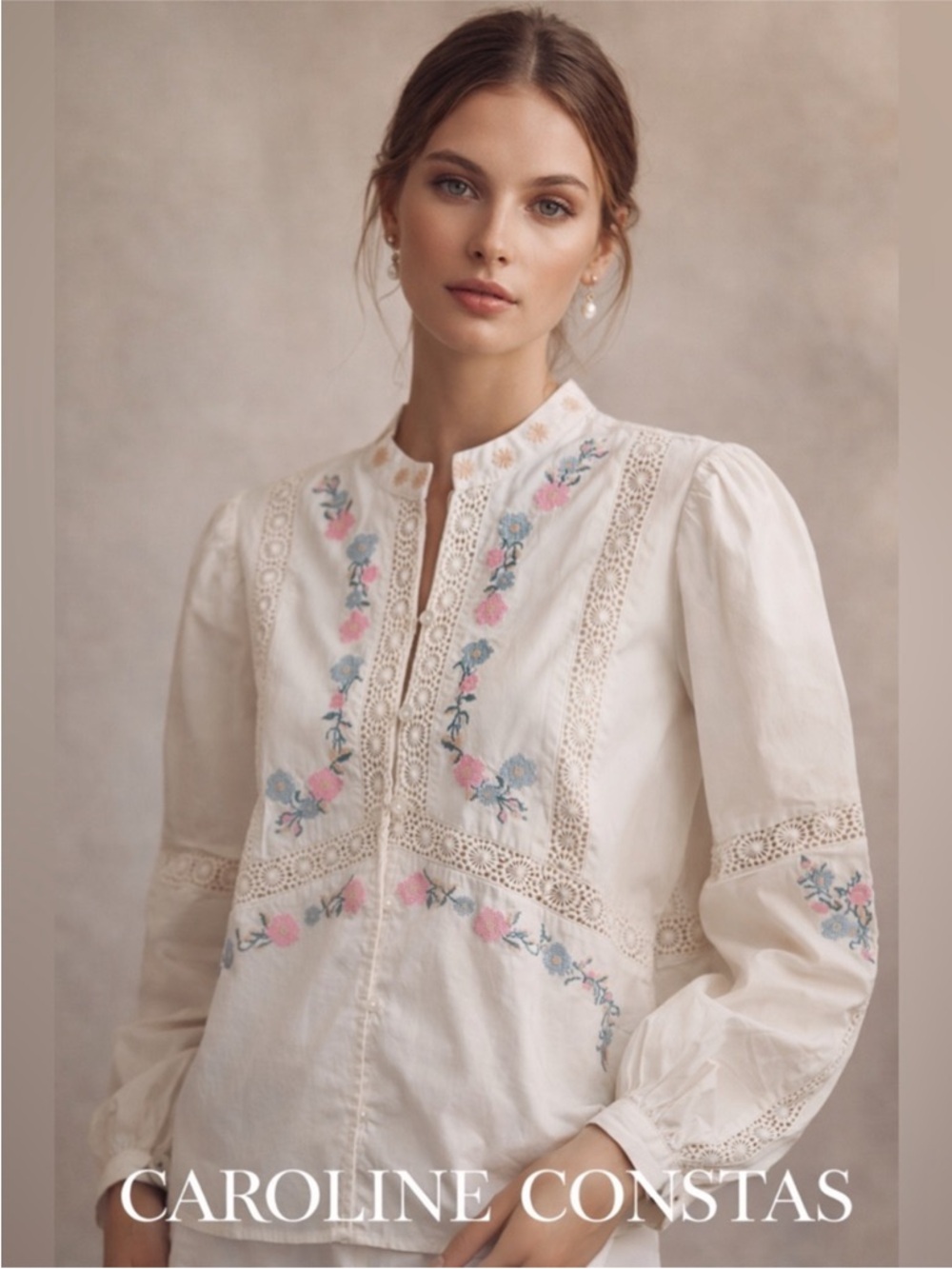 Caroline Constas Cream Blouse with Pink & Blue Floral Embroidery